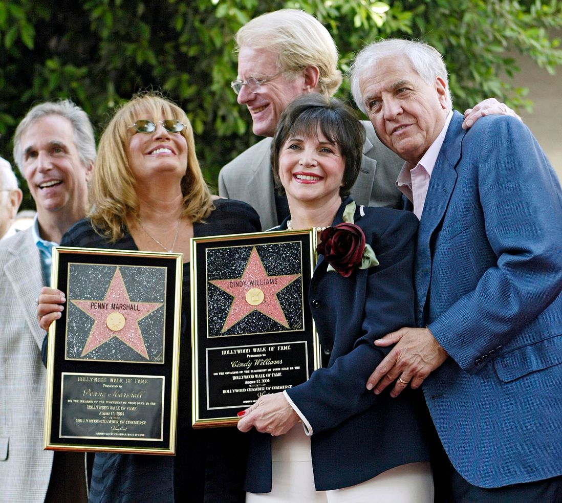 Henry Winkler, Penny Marshall, Ed Begley, Cindy Williams and Garry Marshall pose after Penny Marshall and Cindy Williams received their stars on the Hollywood Walk of Fame.<br/>